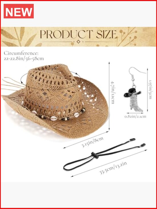 Straw Cowboy Hat with Boot Earrings, Breathable, Lightweight main image 4